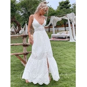 Boho V-Neck Long White Fit & Flared Cami Dress